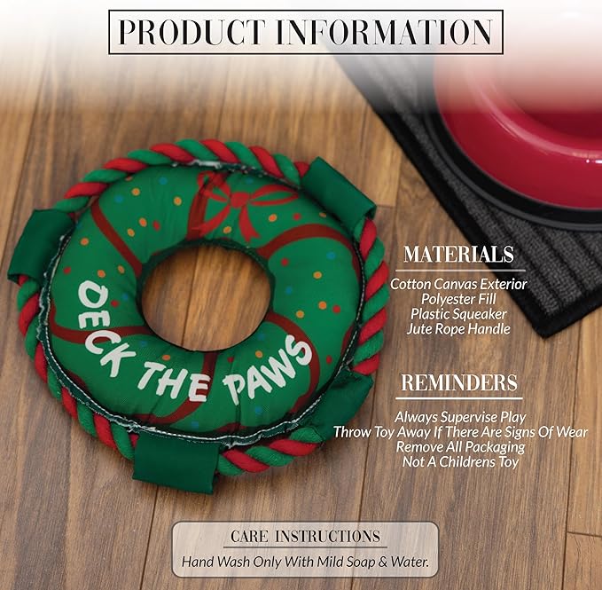 Pavilion - Deck The Paws - 10" Wreath Puppy Dog Toy with Rope Handle K-9 Furry Companion Christmas Present