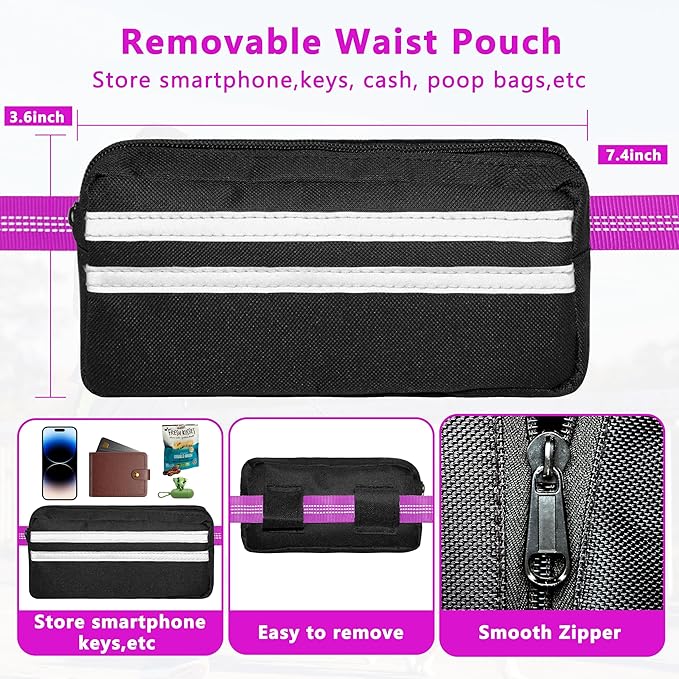 Hands Free Dog Leash with Zipper Pouch, Running Waist Leash for Dog Walking, Adjustable Waist Belt for Large Dogs, Reflective Bungee Design with Two Handle for Hiking, Training, Rose Red