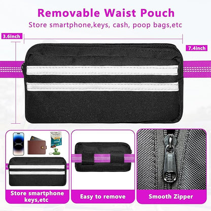 Hands Free Dog Leash with Zipper Pouch, Running Waist Leash for Dog Walking, Adjustable Waist Belt for Large Dogs, Reflective Bungee Design with Two Handle for Hiking, Training, Rose Red