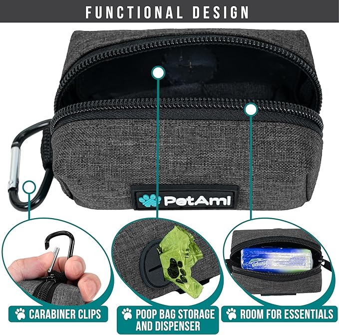 PetAmi Dog Poop Bag Holder & Waste Bag Dispenser with Clip-On Pouch Includes 1 Roll of Pet Waste Bags Portable Dog Walking Accessories for Leash, Belt or Backpack, Gray