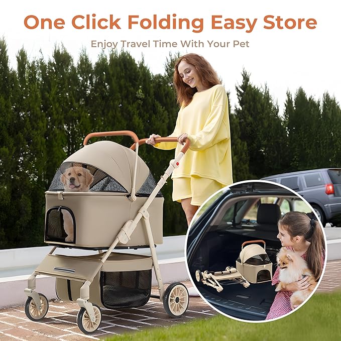 Dog Cat Stroller for Small/Medium Pets up to 55 Lbs, 3-in-1 Foldable Pet Stroller with Detachable Carrier, 4 Wheels, Adjustable Height, Single Foot Brake, Pet Strollers for Travel Outdoor (Khaki
