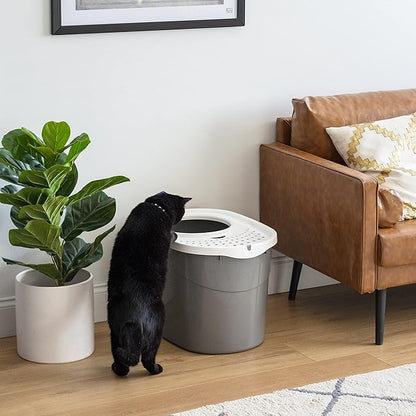 IRIS USA Large Top Entry Cat Litter Box with Lid Enclosed Covered Hooded Design Litter Catching Scatter Shield Pan Dog Proof Pet Proof Scoop Included Odor Control for Indoor Cats Kittens Gray/White