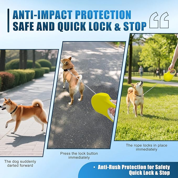 Retractable Dog Leash, 16 ft Strong Nylon Tape, 360° Tangle-Free, One-Handed Brake, Pause and Lock, Durable Non-Slip Handle, Lightweight, for Small, Medium and Large Breeds up to 88 lbs, Yellow