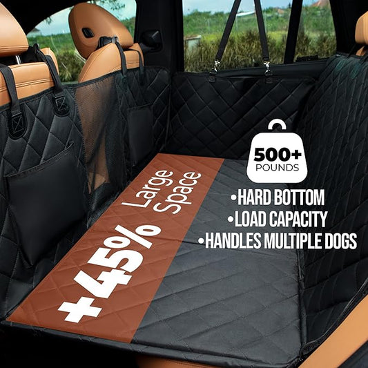 Dog Car Seat Cover for Back Seat, Hard Bottom Holds 500LBS, Back Seat Extender for Dogs for SUV, Car, Dog Seat Cover for Back Seat, Waterproof Backseat Pet Cover for Dogs, Mesh Window, Storage Pockets