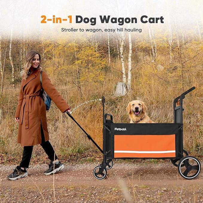 Petbobi 2-in-1 Dog Wagon Stroller for Large & Medium Dogs – Foldable Push & Pull Stroller with Ramp, 360° Swivel Wheels, Adjustable Handles & Safety Leashes for Walking Camping Parks