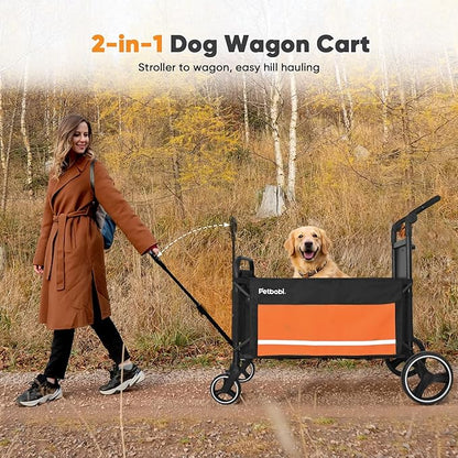 Petbobi 2-in-1 Dog Wagon Stroller for Large & Medium Dogs – Foldable Push & Pull Stroller with Ramp, 360° Swivel Wheels, Adjustable Handles & Safety Leashes for Walking Camping Parks