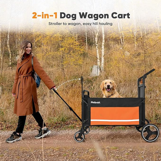 Petbobi 2-in-1 Dog Wagon Stroller for Large & Medium Dogs – Foldable Push & Pull Stroller with Ramp, 360° Swivel Wheels, Adjustable Handles & Safety Leashes for Walking Camping Parks