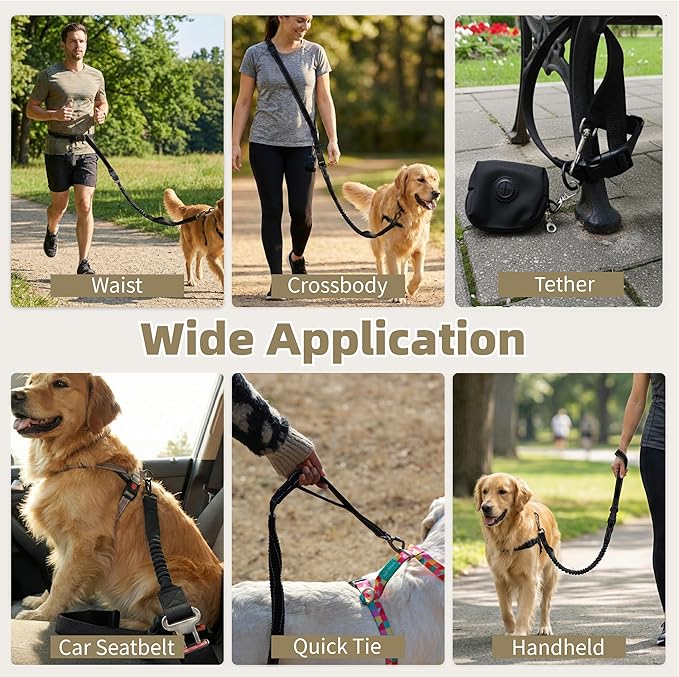 6-in-1 Hands-Free Dog Leash, Waist & Crossbody Bungee Lead with Dual Padded Handles, Bungee Shock Absorbing, Seat Belt Buckle, Reflective for Small Medium Large Dogs, Black