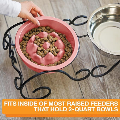 The Niner Slow Feed Bowl - Raised Peaks Slow Down Pets Eating - Fits Elevated Feeders Including Neater Feeder Large Sizes - Gentle on Teeth and Gums - Holds up to 2 Cups (Pink)