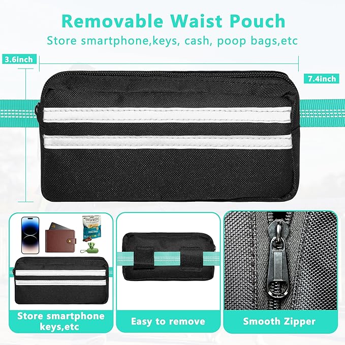 Hands Free Dog Leash with Zipper Pouch, Running Waist Leash for Dog Walking, Adjustable Waist Belt for Large Dogs, Reflective Bungee Design with Two Handle for Hiking, Training, Teal