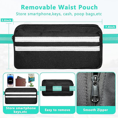 Hands Free Dog Leash with Zipper Pouch, Running Waist Leash for Dog Walking, Adjustable Waist Belt for Large Dogs, Reflective Bungee Design with Two Handle for Hiking, Training, Teal