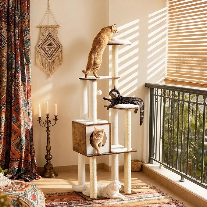 Feandrea Cat Tree, 64.6-Inch Modern Cat Tower, Multi-Level Condo with 5 Scratching Posts, Perch, Washable Removable Cushions, Cave, Rustic Brown UPCT166X01