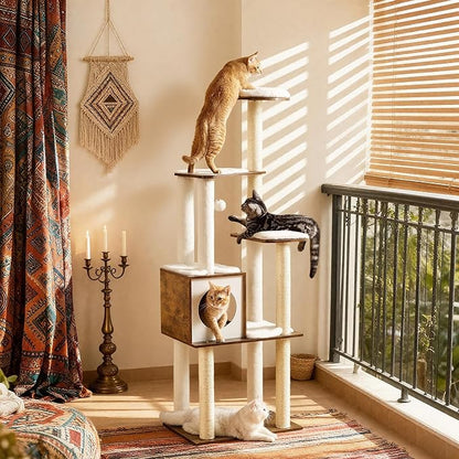 Feandrea Cat Tree, 64.6-Inch Modern Cat Tower, Multi-Level Condo with 5 Scratching Posts, Perch, Washable Removable Cushions, Cave, Rustic Brown UPCT166X01
