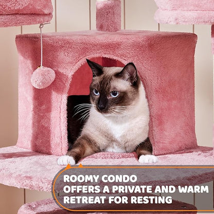 Yaheetech 68.5in Cat Tree for Large Cats, Multi-Level Cat Tower with 3 Wide Perches, Large Condo, Stable Pet Play House w/Sisal-Covered Scratching Posts & Board, Pink