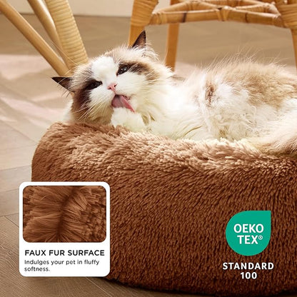 Bedsure Calming Cat Beds for Indoor Cats - Small Cat Bed Washable 20 inches, Anti-Slip Round Fluffy Plush Faux Fur Pet Bed, Fits up to 15 lbs Pets, Copper