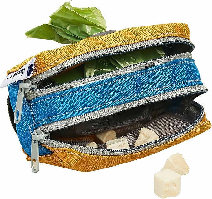 Blueberry Style Dog Waste Bag Dispenser, Mustard Yellow, Color-Block Trash Bag Dispenser with 2 Auto Locking Zipper, Dog Poop Bag Holder Leash Attachment, Includes 1 Roll of Free Poop Bags