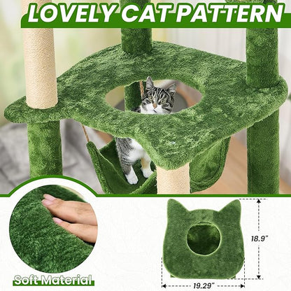 55 Inch Large Cat Tree Tower for Indoor Cats with Hammock Green Leaves Sisal Scratching Post, Plush Hang Ball Play Furniture for Kittens & Adult Cats, Green