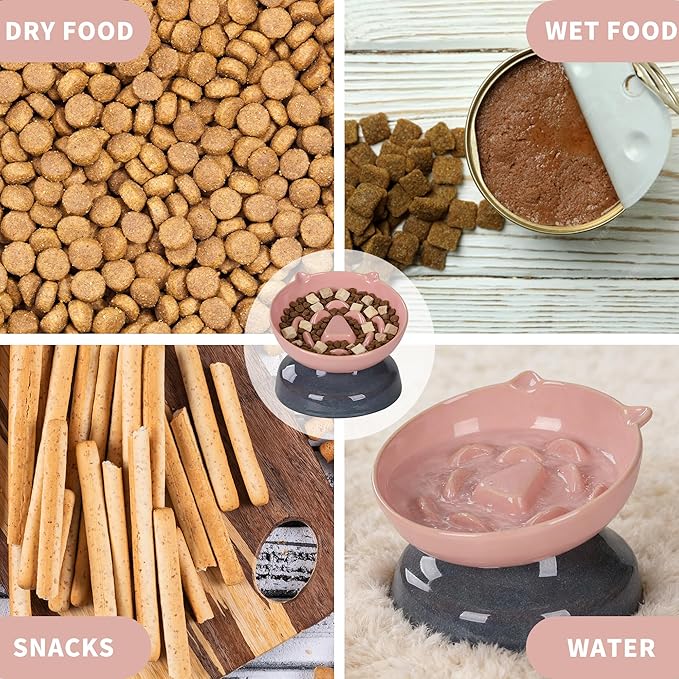 Elevated Slow Feeder Cat Bowl, 15° Tilted Ceramic Raised Cat Bowl for Indoor Cats, Anti Vomiting Design, Cute Cat Ear Heavy Base, Whisker Friendly Healthy Feeding Dish (Pink)