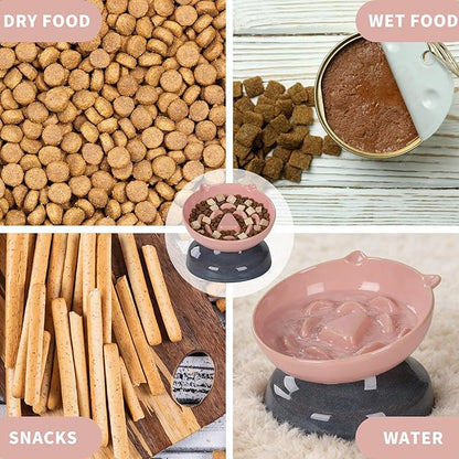 Elevated Slow Feeder Cat Bowl, 15° Tilted Ceramic Raised Cat Bowl for Indoor Cats, Anti Vomiting Design, Cute Cat Ear Heavy Base, Whisker Friendly Healthy Feeding Dish (Pink)