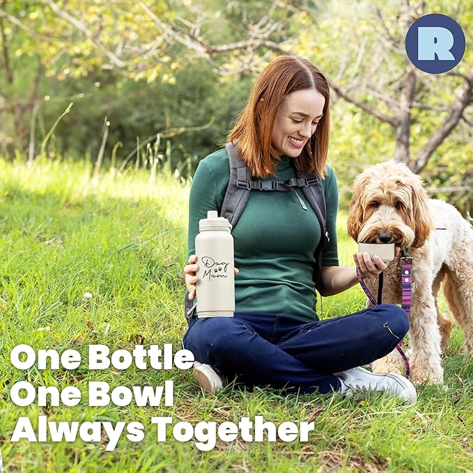 Dog Mom Water Bottle - 32 oz Stainless Steel Double Wall Insulated with 8 oz Detachable Bowl on Bottom - Cool Dog Mom Gifts for Women for Hiking, Walking, Travel and Everyday Adventures - DM Cream