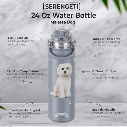 SERENGETI 24 Oz Water Bottle Stainless Steel with Spill Proof Lid - Double walled Vacuum Insulated water flask - Realistic 3D Print of your favorite dog (Maltese)