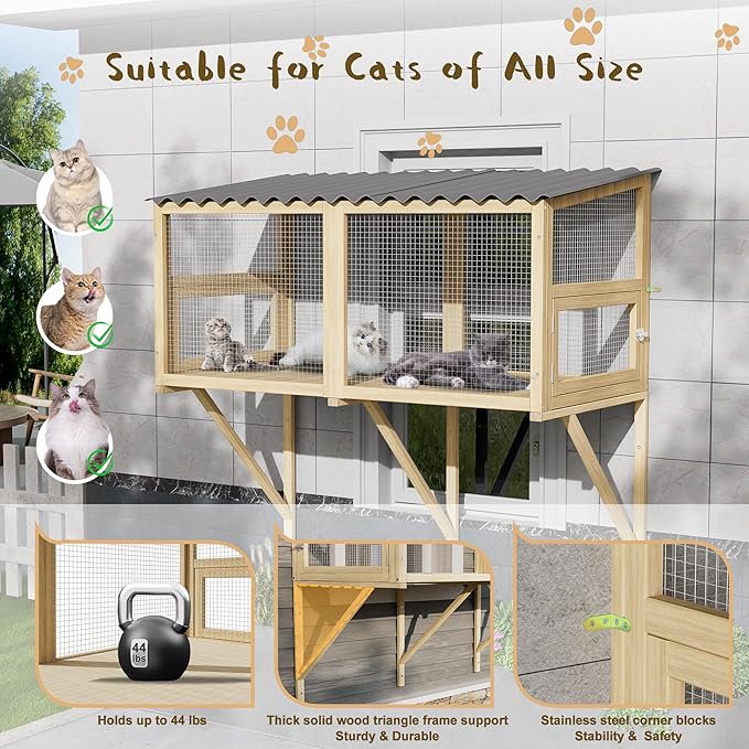 Cat Catio, Cat Window Perch for Large Cats - Catio Outdoor Cats Enclosure Windows, Patio Window Box Hommock for Sunbathing, Napping, Outside Wooden Catios for Indoor Kittens (Burlywood)
