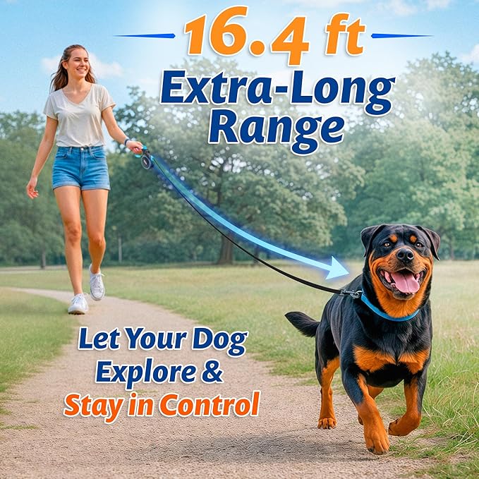 16.4 ft Retractable Dog Leash - Heavy Duty Tape Leash with Strong Nylon Tape - 360° Swivel Control - One-Click Brake & Lock - Ergonomic Non-Slip Grip for Small Medium & Large Dogs up to 100 lbs