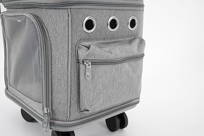 Rolling Pet Carrier for 2 Pets,Double-Compartment Pet Rolling Carrier with Wheels for 2 Pets,for Up to 22 LBS,Super Ventilated Design,Ideal for Traveling/Hiking/Camping (Grey)