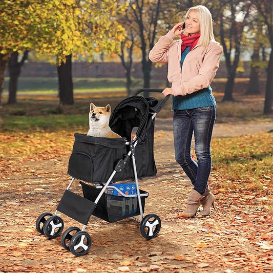 4 Wheels Pet Stroller Dog Cat Stroller for Small Medium Dog Cats Foldable Carrier Jogger Travel Puppy with Storage Basket and Cup Holder (Black)