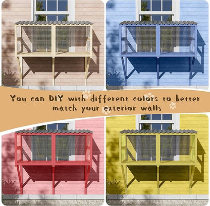 Cat Catio, Cat Window Perch for Large Cats - Catio Outdoor Cats Enclosure Windows, Patio Window Box Hommock for Sunbathing, Napping, Outside Wooden Catios for Indoor Kittens (Burlywood)