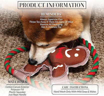 Pavilion - Howl-Iday Treat - 10" Gingerbread Man Puppy Dog Toy with Rope Handle K-9 Furry Companion Christmas Present
