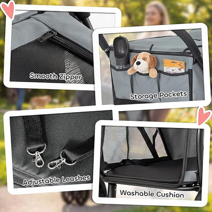PawHut 3 Wheel Pet Stroller, Dog Stroller Dual Entry, Easy One-Click Quick Fold, All-Terrain Wagon Cart with Air Mesh, Washable Cushion, for Small and Medium Dogs and Cats Up to 44 lbs, Gray