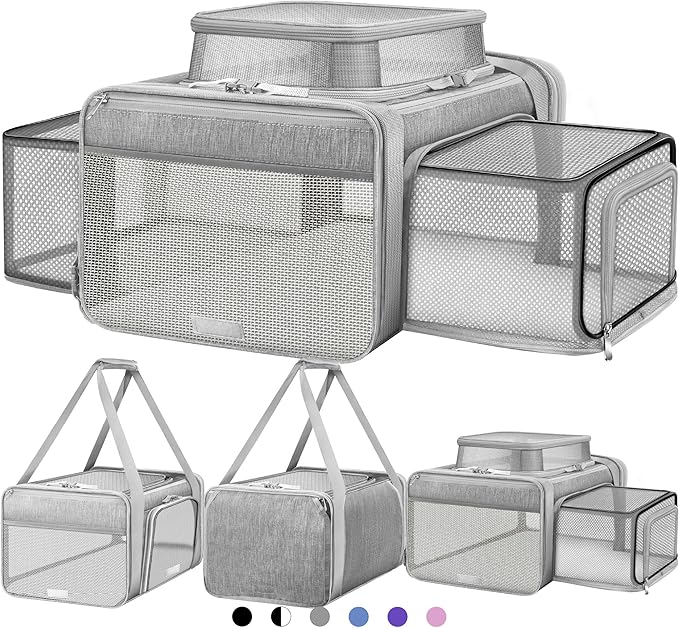 Top and 2 Sides Expandable Cat Carrier 18x13.5x9.5, TSA Airline Approved Dog Carriers for Small Dogs, Soft-Sided Pet Carrier with Self-Locking Zippers for Kitten,Rabbit, Puppy, Guinea Pig Grey