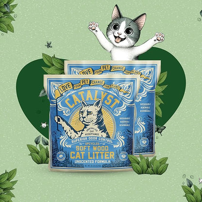 Catalyst Natural Soft Wood Cat Litter (2 Pack, 10lb Bags) - Superior Odor Control, Strong Clumping, Low Dust, and Biodegradable (10lb, Set of 2, Unscented)