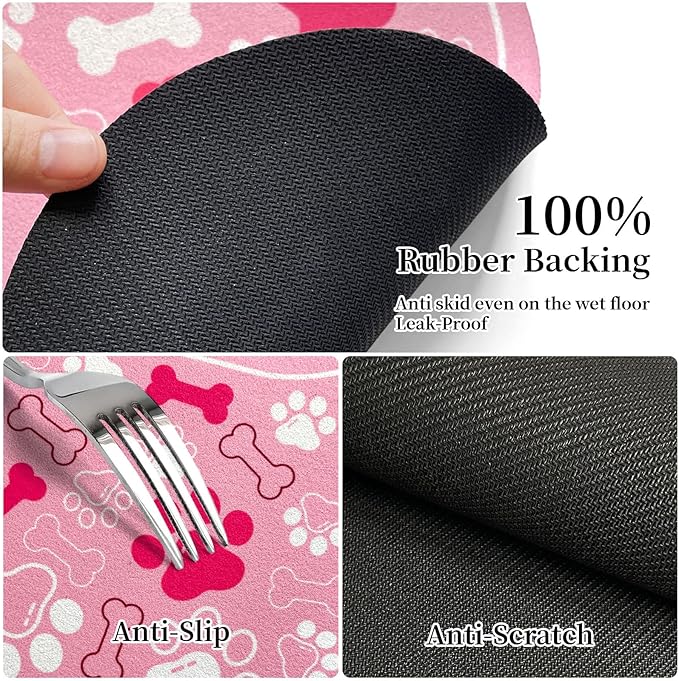 Dog & Cat Food Mat Bone Shaped Pet Feeding Mat Quick Absorb Water Bowl Placemat with Rubber Backing Indoor Floor Stain Resistant Pet Accessory Supplies (Light Pink, 17x29 Inches)