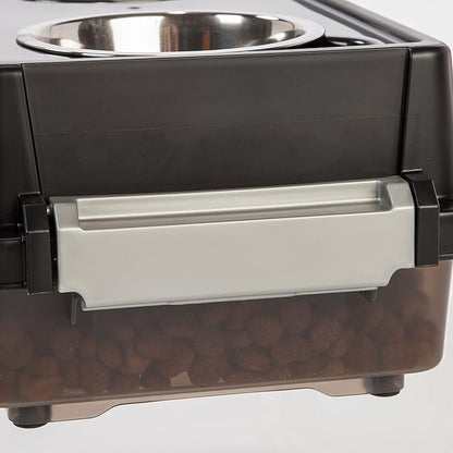 IRIS USA 2-in-1 Elevated Dog Bowls 6" H with Airtight Pet Food Storage Container Holds Up to 5 Lbs, Removable 4 Thick 16 oz Stainless Steel Bowls, at Home or Camping Pet Dish Bowl Set, Smoke/Black