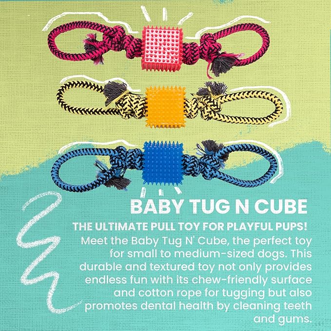 Snugarooz Baby Tug N' Cube Assorted Colors – Durable Dog Toy with Cotton Rope & TPR Cube – Perfect for Tugging, Chewing, and Promoting Dental Health