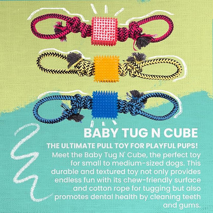 Snugarooz Baby Tug N' Cube Assorted Colors – Durable Dog Toy with Cotton Rope & TPR Cube – Perfect for Tugging, Chewing, and Promoting Dental Health