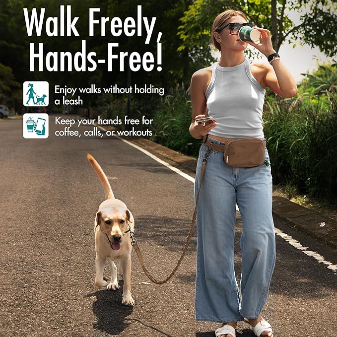 Hands Free Dog Leash with Dog Treat Pouch - Stylish & Trendy Waist Leash for Dog Walking - Wear Around the Waist or Crossbody - Durable & Detachable - Shock Absorbing - Waste Bag Dispenser