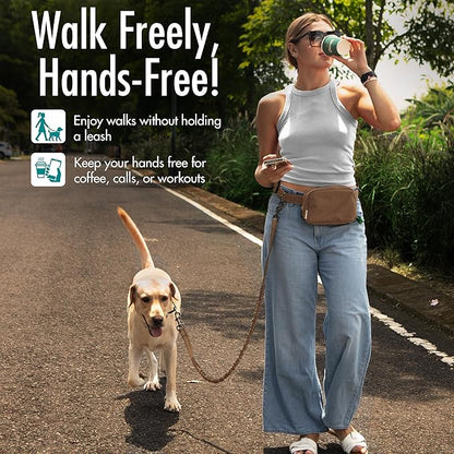Hands Free Dog Leash with Dog Treat Pouch - Stylish & Trendy Waist Leash for Dog Walking - Wear Around the Waist or Crossbody - Durable & Detachable - Shock Absorbing - Waste Bag Dispenser