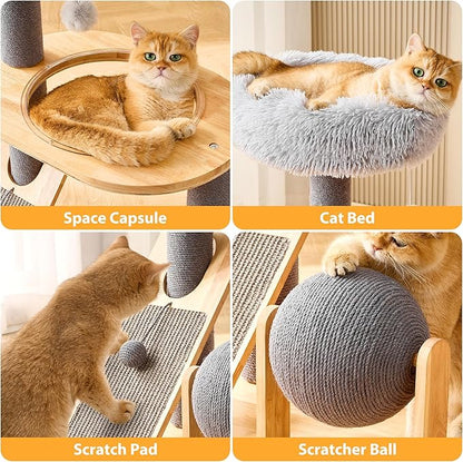 HITTITE Solid Wood Cat Tree Tower with Scratching Post, 37.8 Inches Tall Cat Towers with Scratching Board and Scratcher Ball, Modern Cat Tower With Space Capsule and Removable Top Bed for Indoor Cats.