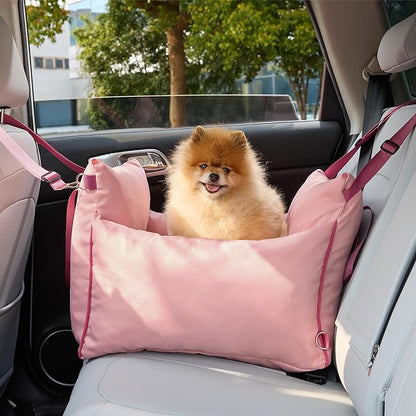 Lesure Small Dog Car Seat for Small Dogs - Soft Dog Booster Seat for Car with Storage Pocket and Clip-On Safety Leash and Thickened Memory Foam Filling, Pet Travel Carrier Bed Strawberry Cream