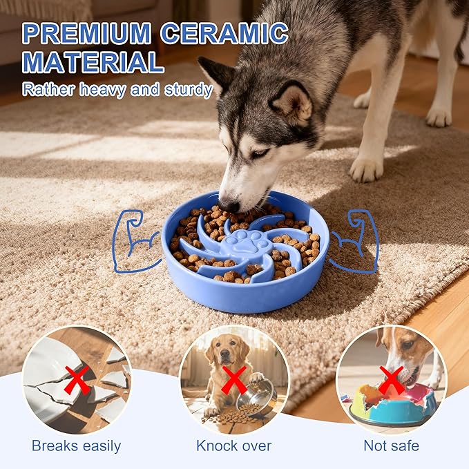 Ceramic Slow Feeder Dog Bowl, 1.5 Cup Dog Food or 20oz Water, Slow Eating Bowl for Small Breed, Maze Puzzle Feeder for Fast Eaters, Anti-Choking Stop Bloat, Non-Slip BPA Free (Blue)