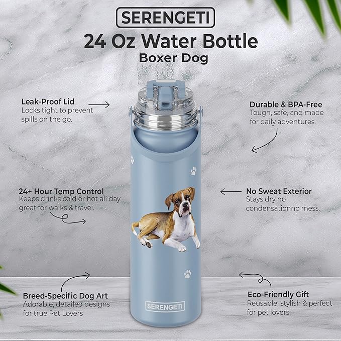 SERENGETI 24 Oz Water Bottle Stainless Steel with Spill Proof Lid - Double walled Vacuum Insulated water flask - Realistic 3D Print of your favorite dog (Boxer)