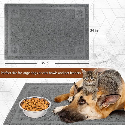 Prime Pets Dog Food Mat Waterproof, 35”x 24”, Pet Mat for Food and Water Bowl, Cat Bowl Mat for Floor, Grey