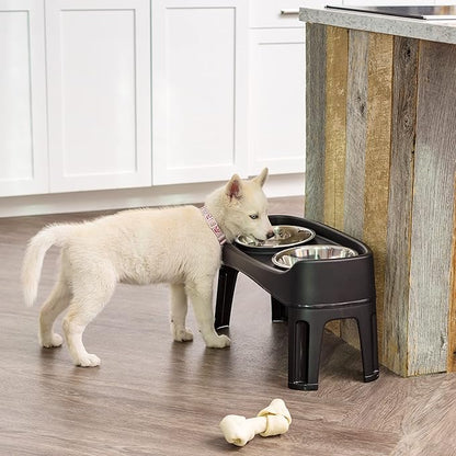 IRIS USA Adjustable Elevated Dog Bowls, Raised Feeder with 2 Stainless Steel 64 oz Bowls, Spill-Guard Rim, 12.25" or 4.63" Heights, Durable Plastic, Made in USA, Black