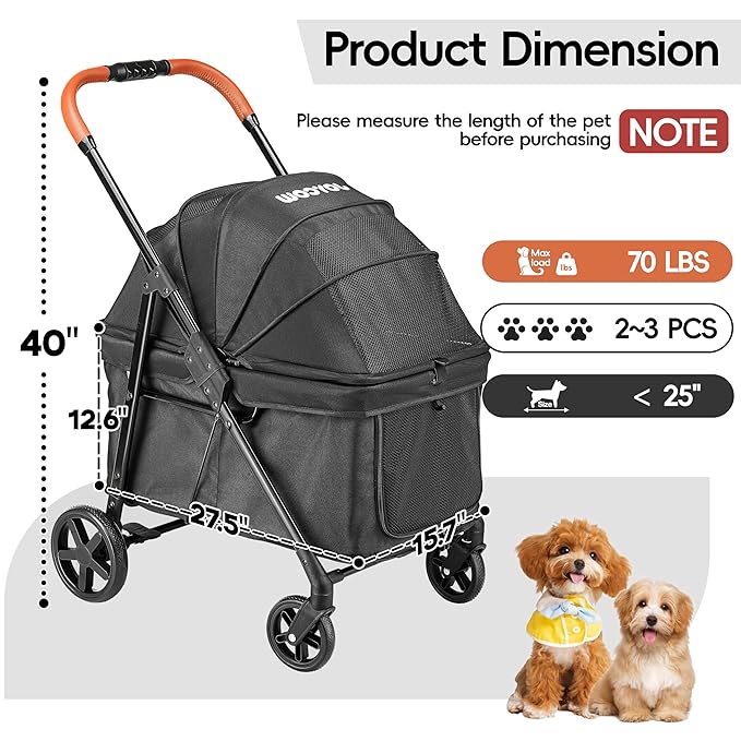 Dog Stroller for 2 Small Dogs or 1 Medium Pet, Low-Entry Design with Anti-Jump-Out, 600D Oxford Fabric, Up to 70 lbs,Black