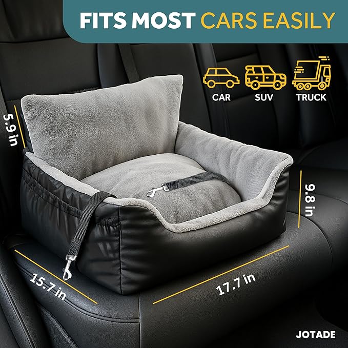 JOTADE Dog Car Seat for Small & Medium Dogs – Washable & Reversible Pet Travel Booster Seat, Double Safety Leashes, Anti-Slip Design, Extra Cushion Cover, Easy Install Puppy Car seat up to 35 lbs