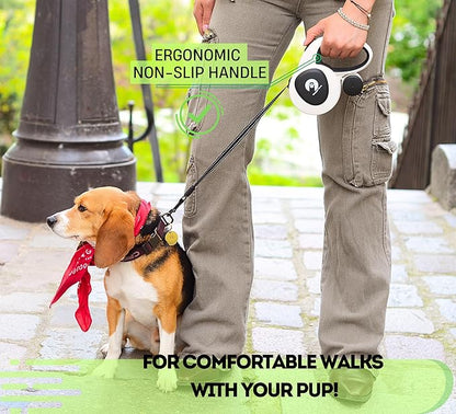 Snuggle Paws Retractable Dog Leash 16ft – Heavy Duty All-in-One Dog Leash with LED Flashlight, Poop Bag Holder, Chew Proof Steel Cable & Reflective Tape – Size L