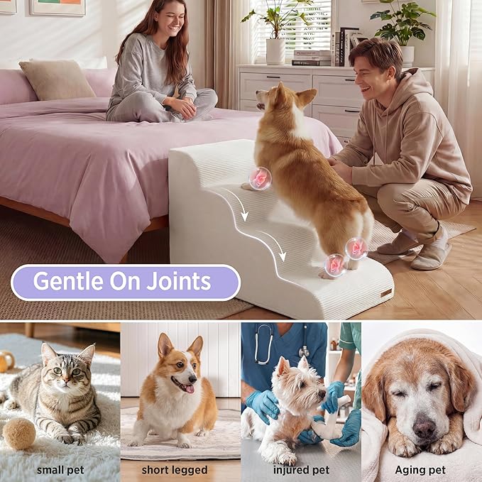 Lesure Dog Stairs for Small Dogs and Cats Pet Steps Ramp for Bed and Couch with CertiPUR-US Certified Foam with Non-Slip Bottom, Beige, 3 Steps